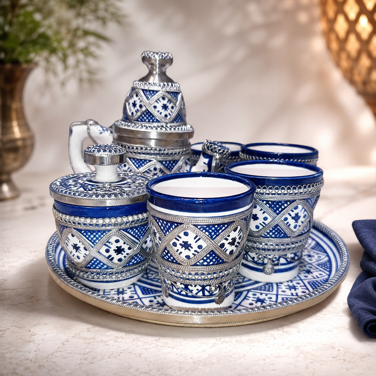 Moroccan Tea Set – Handcrafted Fez Pottery with Silver & Cobalt Blue