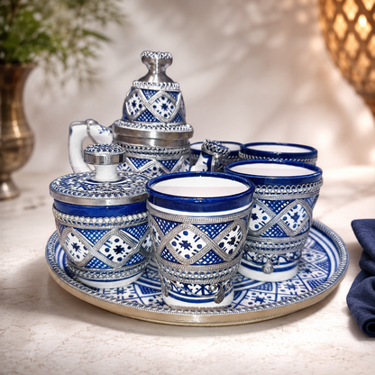 Moroccan Tea Set – Handcrafted Fez Pottery with Silver & Cobalt Blue