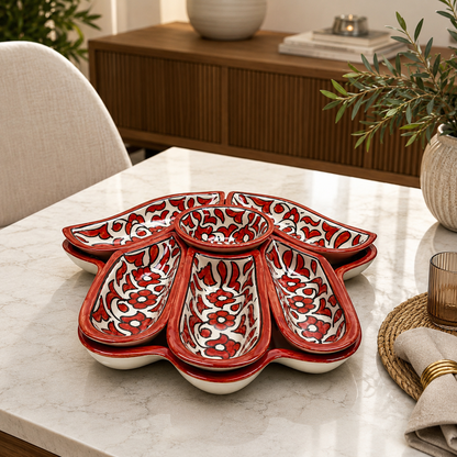 Red &amp; White Moroccan Floral Serving Platter Set – Handmade Fez Pottery