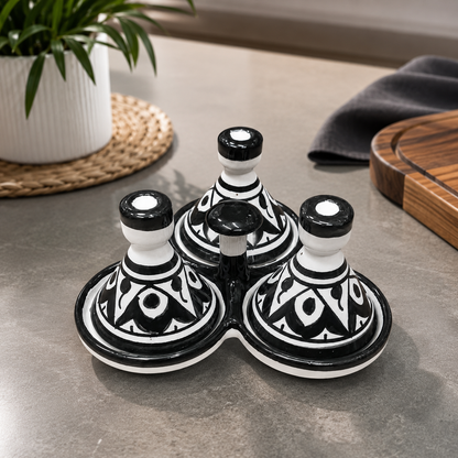 Moroccan Black & White Ceramic tagine 3-Compartment Spice & Condiment Set