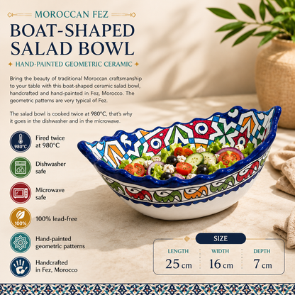 Moroccan Fez Boat-Shaped Salad Bowl – Hand-Painted Geometric Ceramic Serving Bowl