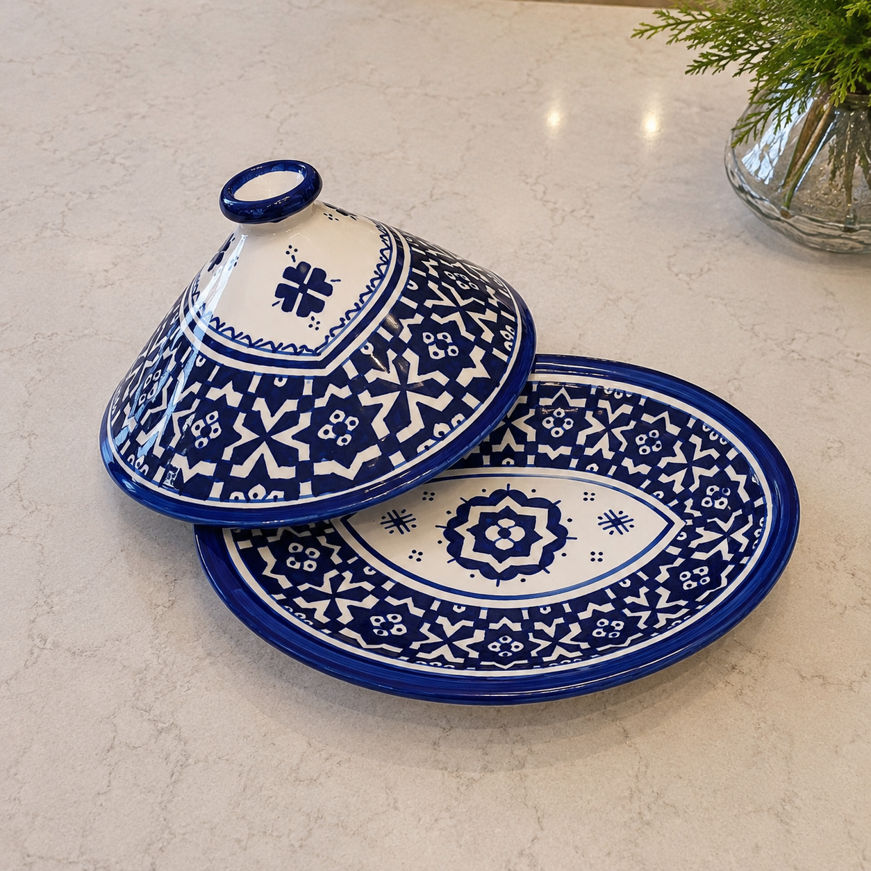 Moroccan Oval Tagine and Dinner Set – Blue & White | Lead-Free Ceramic | Microwave & Dishwasher Safe