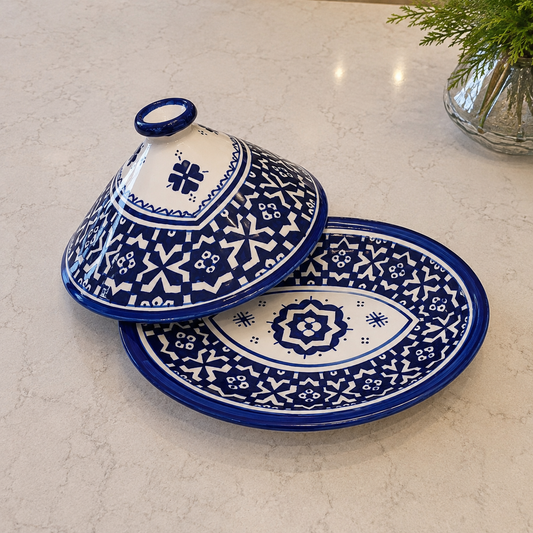 Tagine ovalado – Diseño geométrico azul y blanco hecho a mano marroquí
