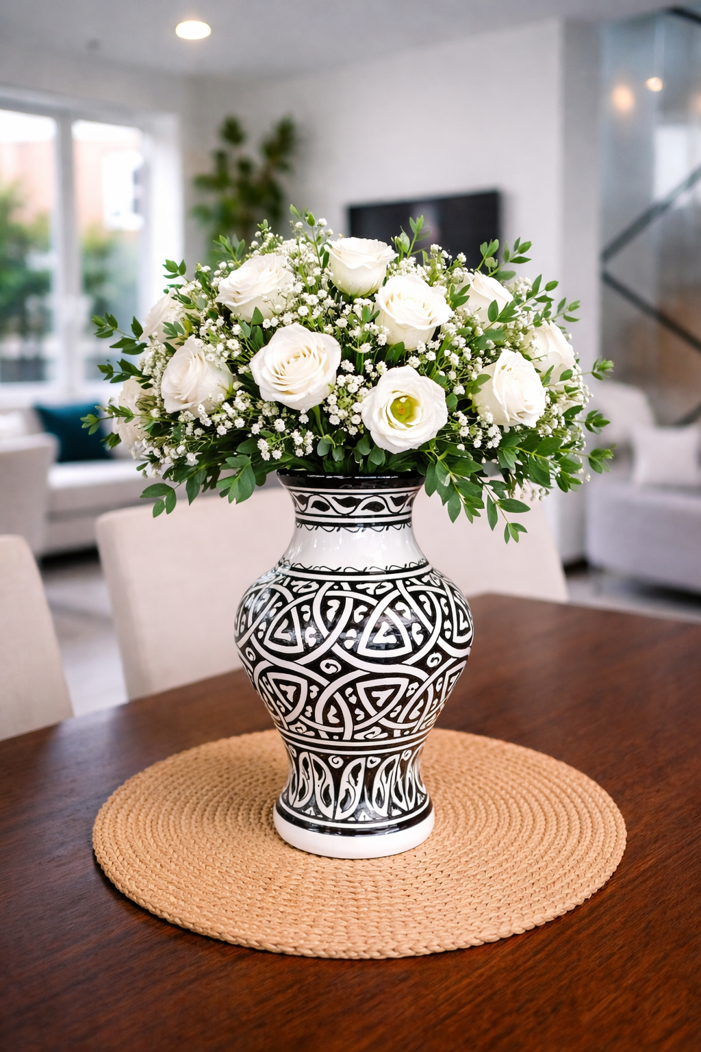 Moroccan ceramic vase, handmade and hand painted 28 cm black and white
