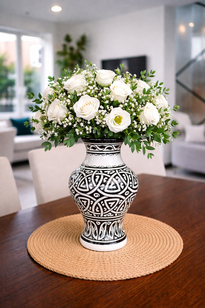 Moroccan ceramic vase, handmade and hand painted 28 cm black and white
