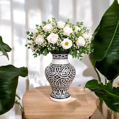 Moroccan ceramic vase, handmade and hand painted 28 cm black and white