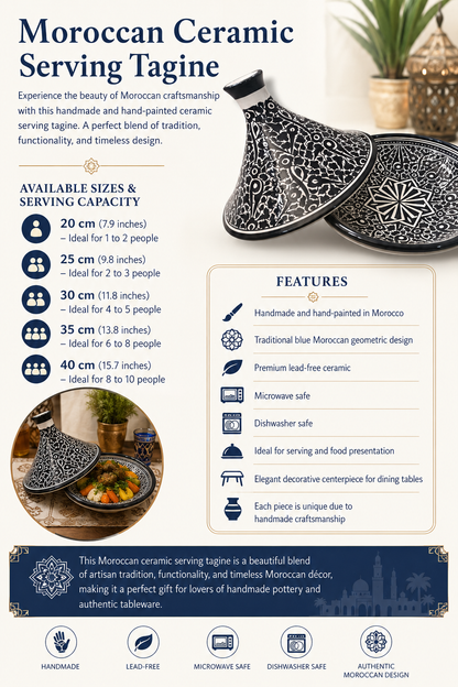 Handmade Moroccan Ceramic Serving Tagine – Black & White | Lead-Free | Microwave & Dishwasher Safe