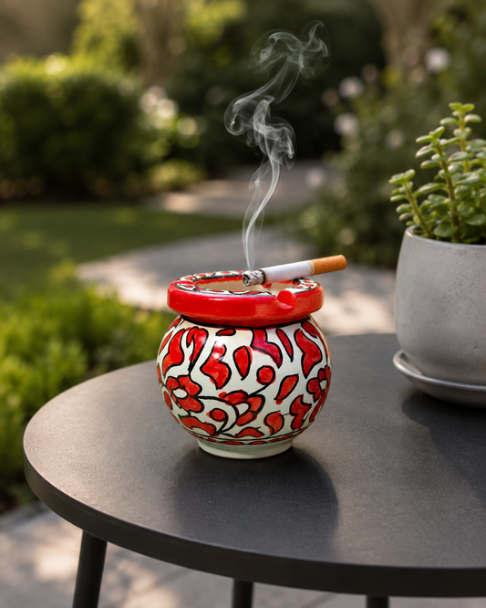 Moroccan Ceramic Ashtray with Lid – Hand-Painted Red Floral Design