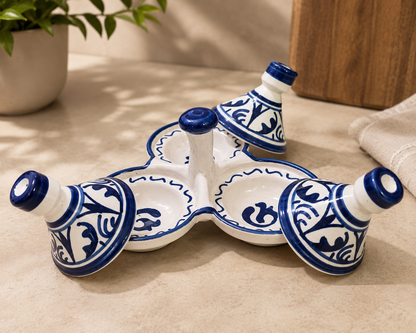 Moroccan Ceramic 3-Compartment Spice Server – Hand-Painted Blue & White Tagine Condiment Holder