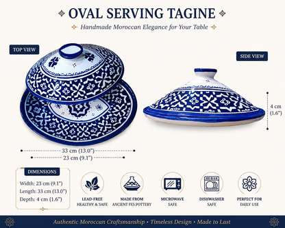 Tagine ovalado – Diseño geométrico azul y blanco hecho a mano marroquí