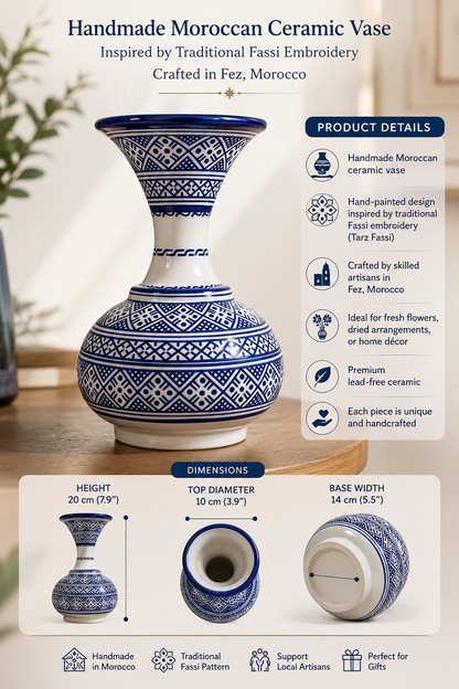 Handmade Moroccan Ceramic Vase – Traditional Fassi Embroidery Pattern