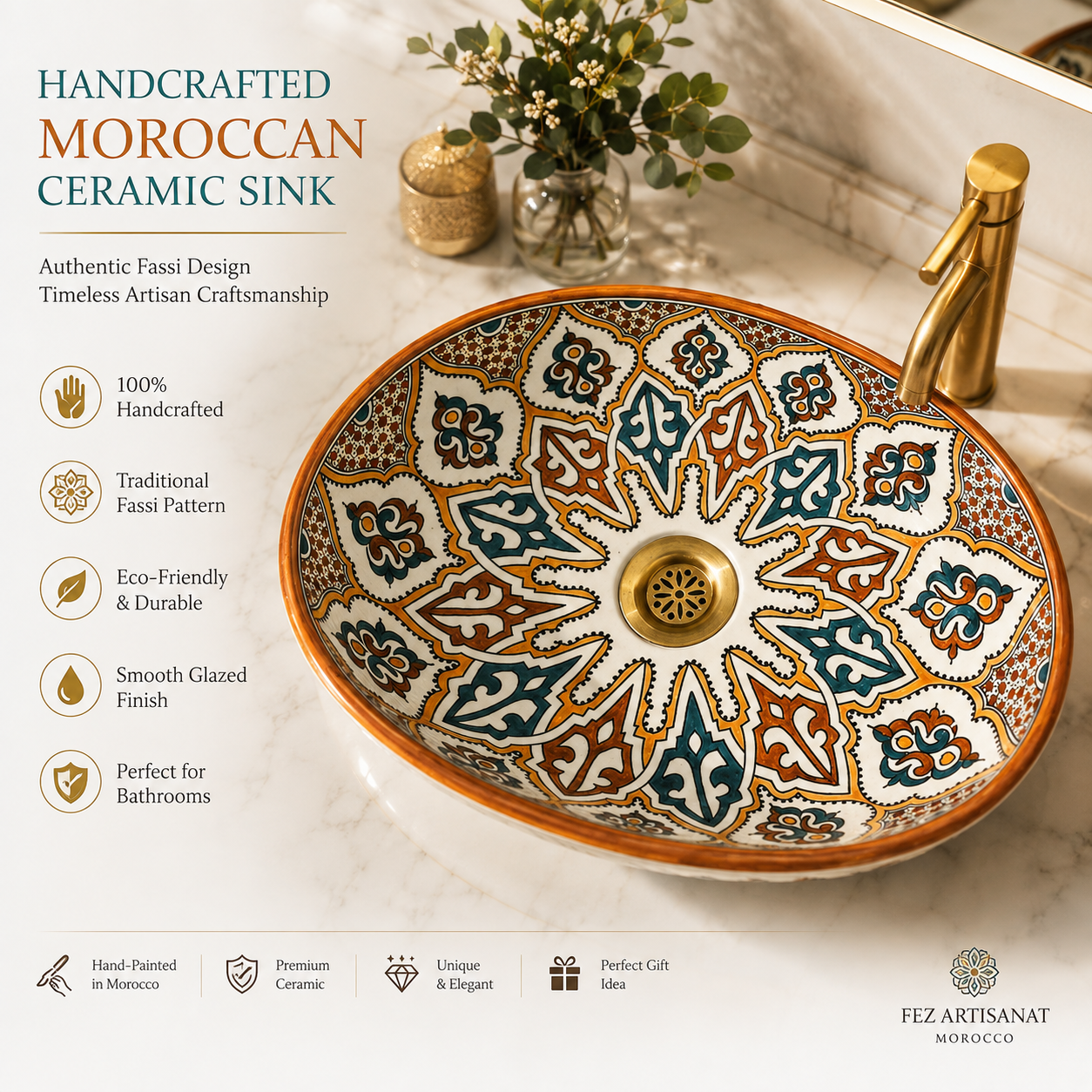 Oval Moroccan Sink Hand-Painted Oval Sink from fez pottery
