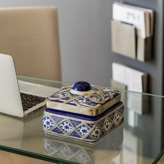 Handmade Moroccan Ceramic Jewelry Box – White Clay & Silver Nickel Detailing