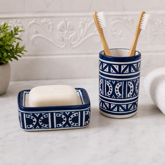 Blue & White Moroccan Ceramic Soap Dish & Toothbrush Holder Set