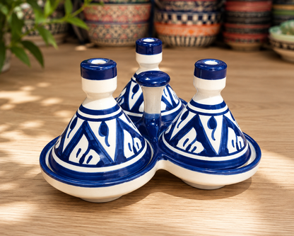 Moroccan Ceramic 3-Compartment Spice Server – Hand-Painted Blue & White Tagine Condiment Holder