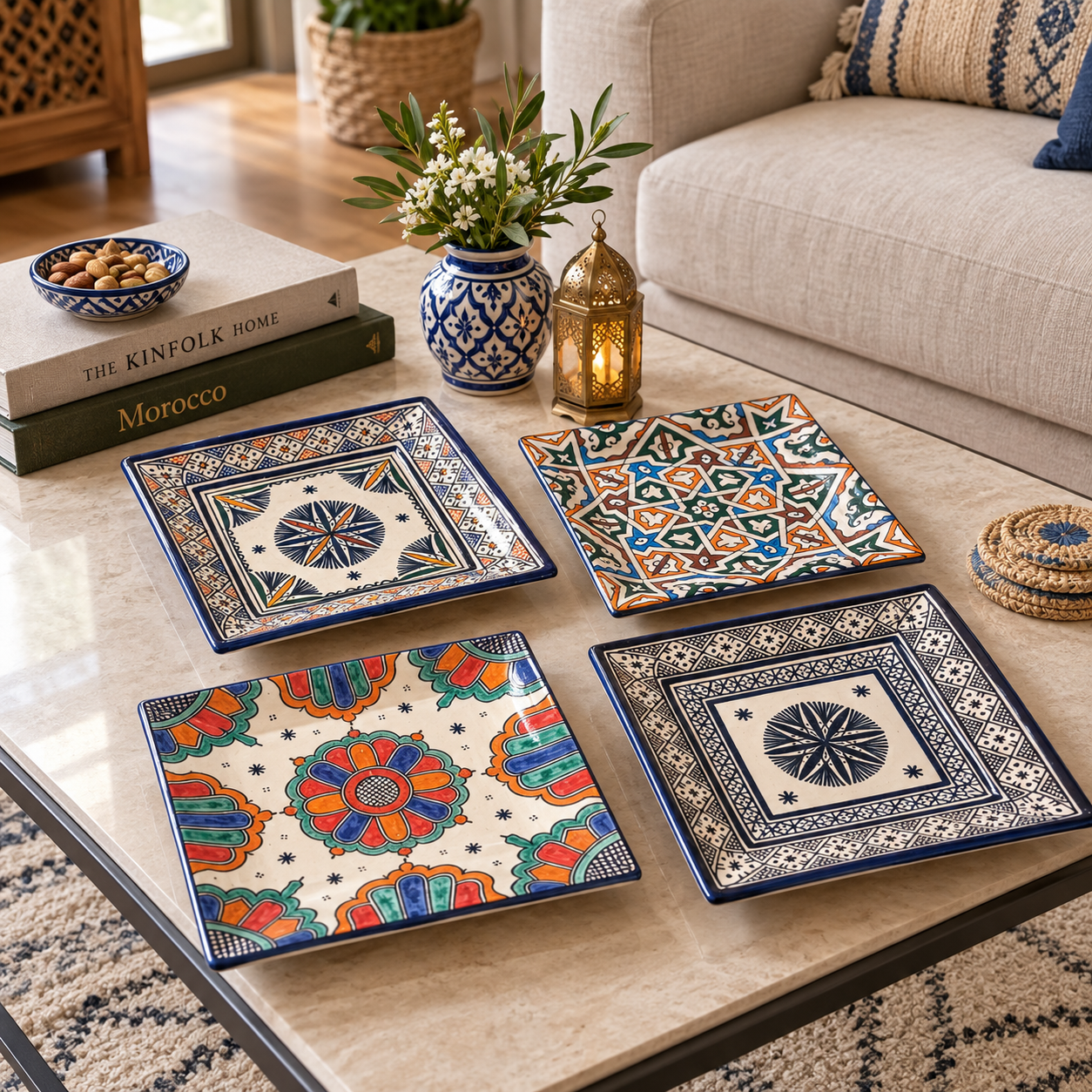 Blue Moroccan Square Ceramic Plates – Handmade in Fez, Morocco