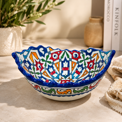 Moroccan Fez Boat-Shaped Salad Bowl – Hand-Painted Geometric Ceramic Serving Bowl