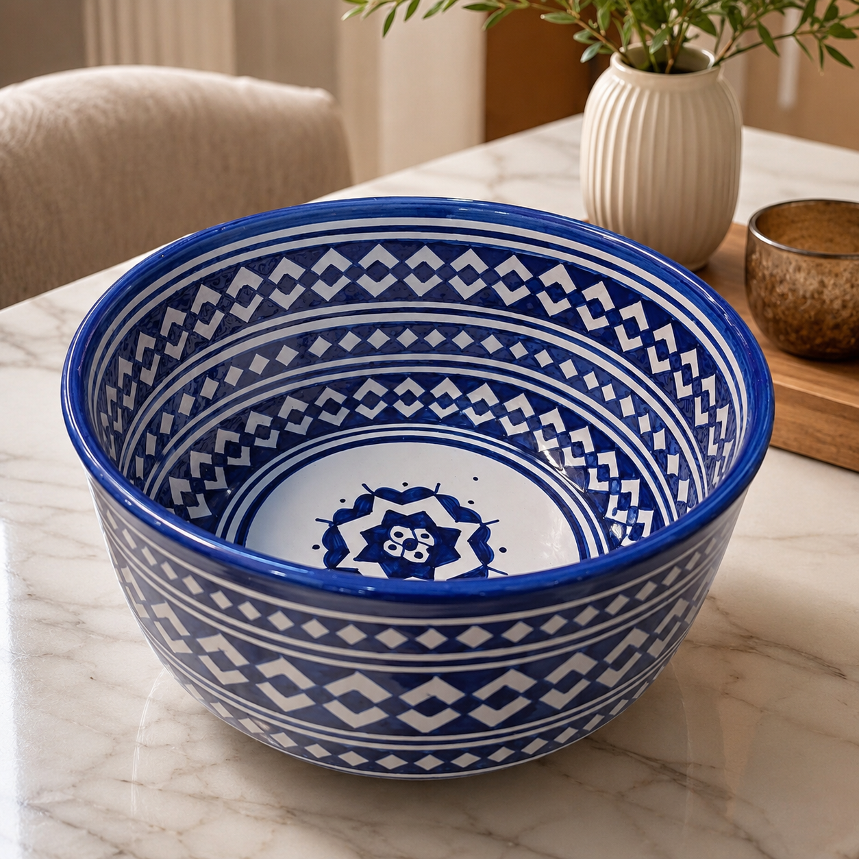 Moroccan Ceramic Salad Bowl – Blue Geometric Pattern | Food Safe Bowl from Fez