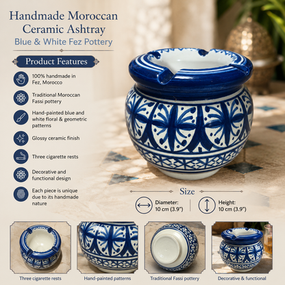 Handmade Moroccan Ceramic Ashtray – Blue & White Fez Pottery