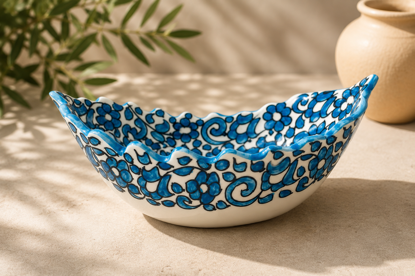 Moroccan Fez pottery Boat-Shaped Salad Bowl – Hand-Painted Geometric Ceramic Serving Bowl