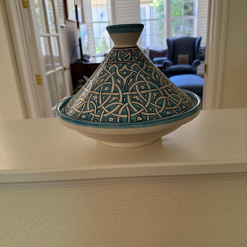 Handmade Turquoise Moroccan Tagine | Hand-Painted Ceramic Serving Tagine from Fez