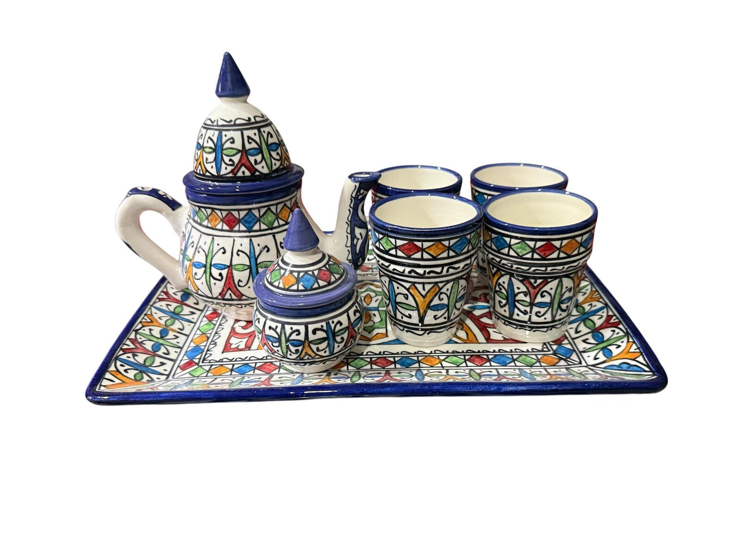 Colorful Handmade Moroccan Ceramic Tea Set – Traditional Fez Pottery with Geometric Design