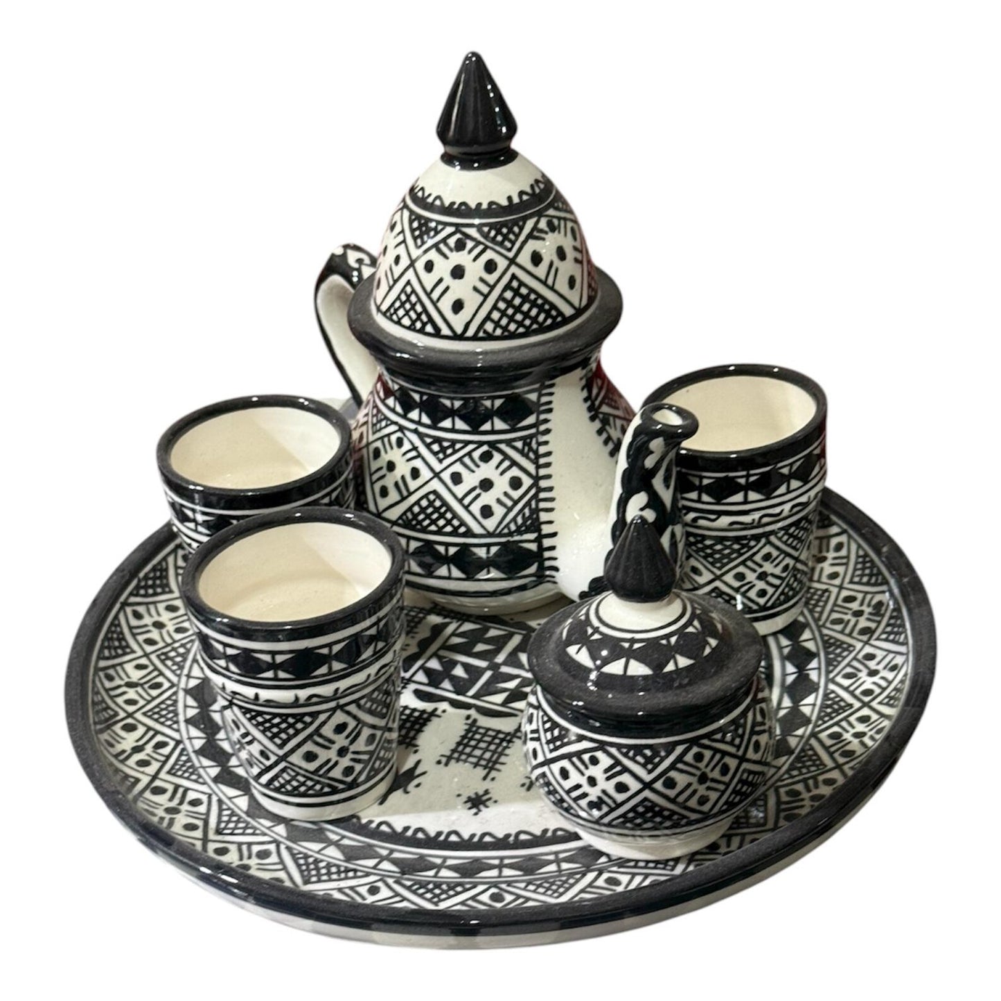 Handmade Moroccan Ceramic Tea Set – Black & White Geometric Design | Traditional Fez Pottery