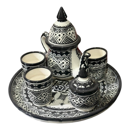 Handmade Moroccan Ceramic Tea Set – Black & White Geometric Design | Traditional Fez Pottery