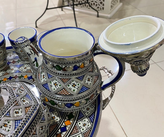 Handmade Moroccan Tea Set for 6 – Silver Nickel-Inlaid Ceramic Tea Service with Tray