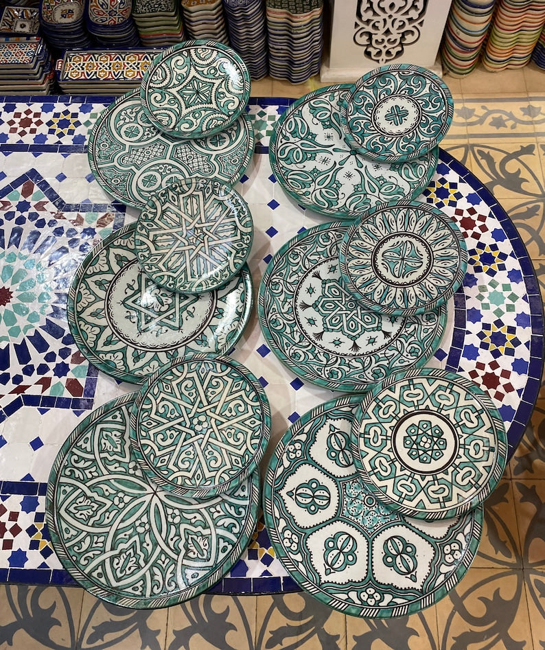 Luxury Moroccan Fassi Pottery Set – 18 Handcrafted Pieces in Green