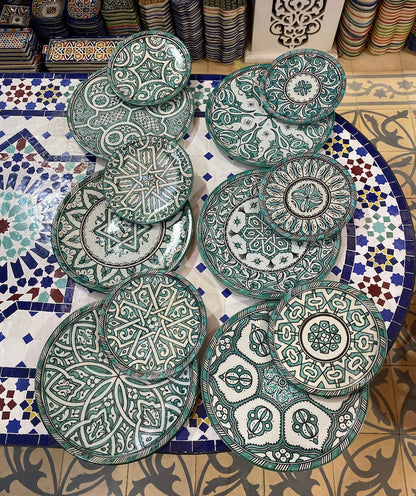 Luxury Moroccan Fassi Pottery Set – 18 Handcrafted Pieces in Green