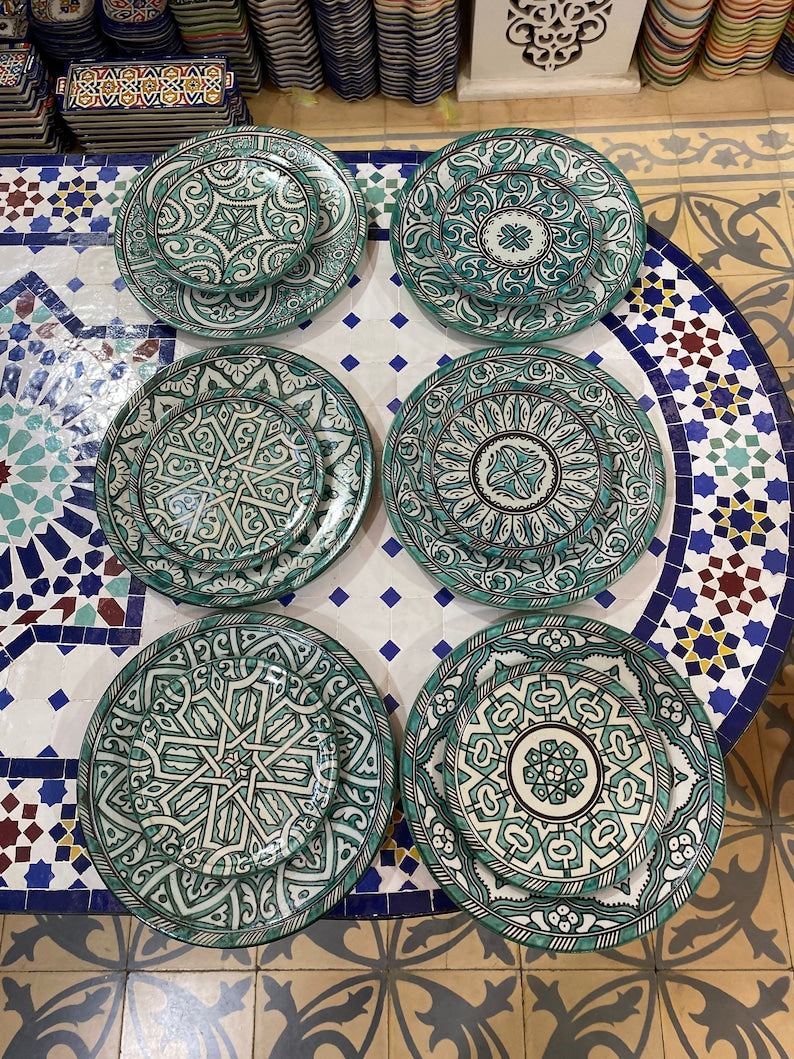 Luxury Moroccan Fassi Pottery Set – 18 Handcrafted Pieces in Green