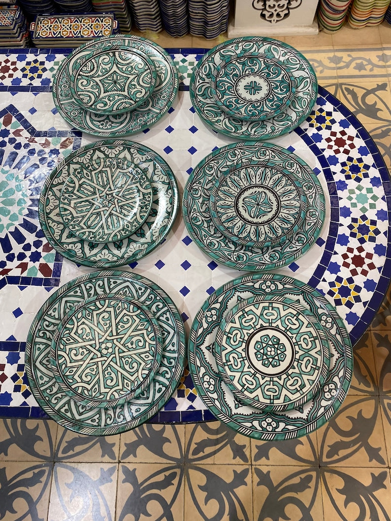 Luxury Moroccan Fassi Pottery Set – 18 Handcrafted Pieces in Green