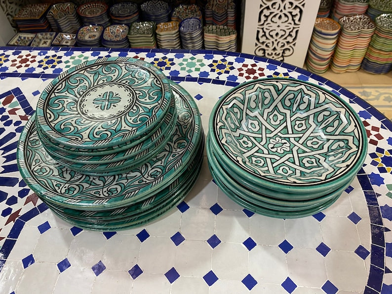 Luxury Moroccan Fassi Pottery Set – 18 Handcrafted Pieces in Green