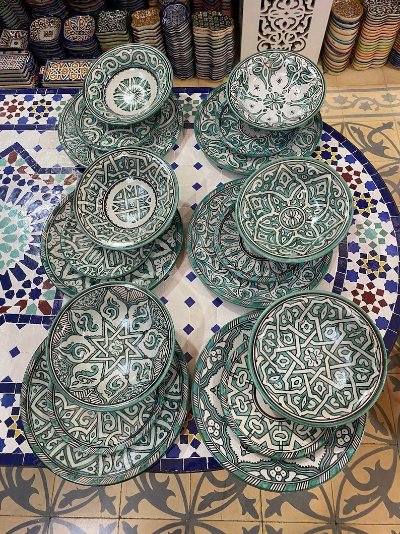 Luxury Moroccan Fassi Pottery Set – 18 Handcrafted Pieces in Green