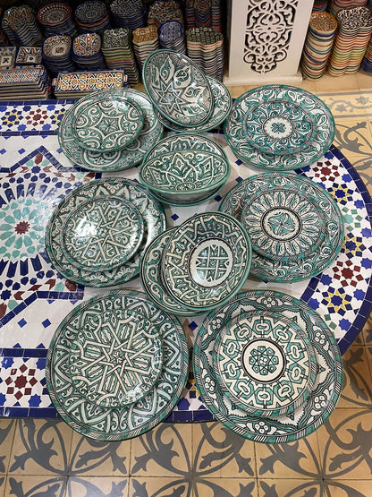 Luxury Moroccan Fassi Pottery Set – 18 Handcrafted Pieces in Green