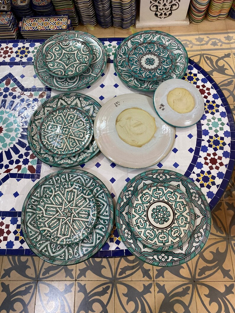 Luxury Moroccan Fassi Pottery Set – 18 Handcrafted Pieces in Green
