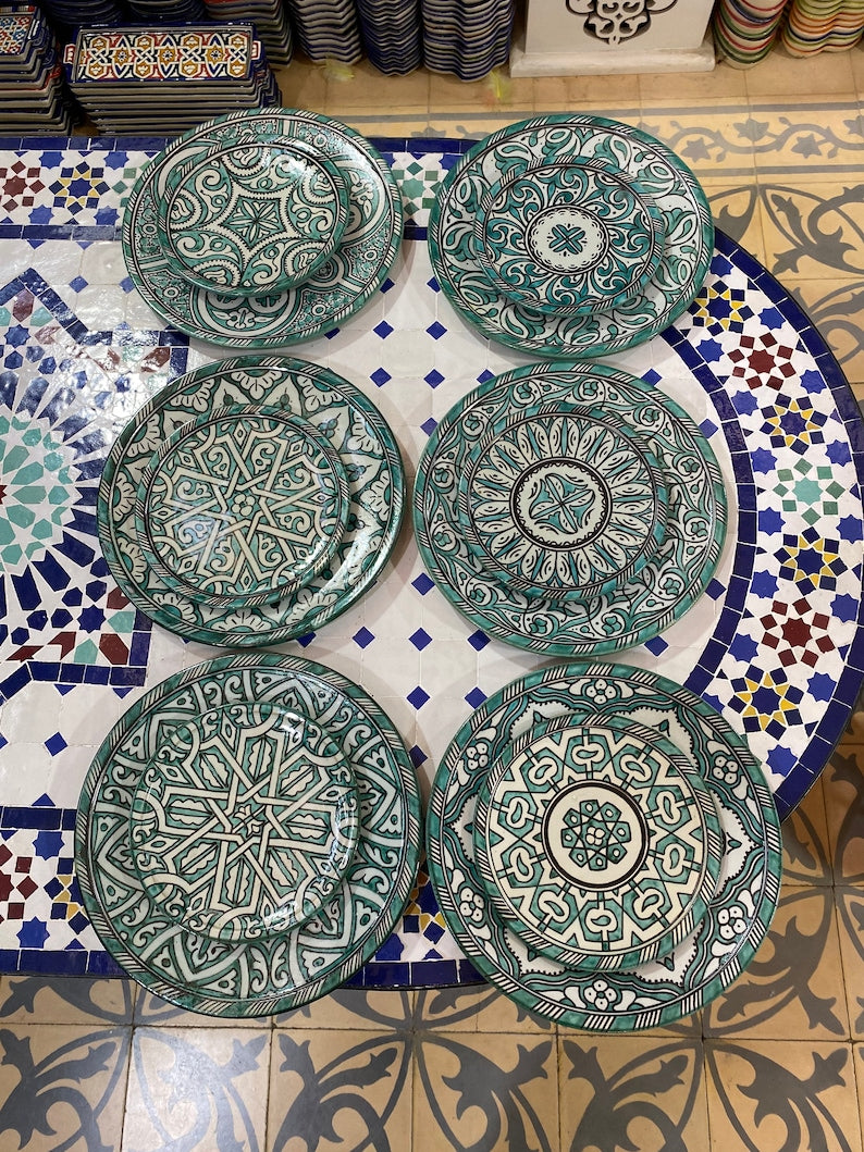 Luxury Moroccan Fassi Pottery Set – 18 Handcrafted Pieces in Green