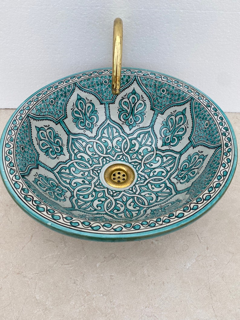 Handcrafted Moroccan Fez Ceramic Sink – Traditional Green Floral Design