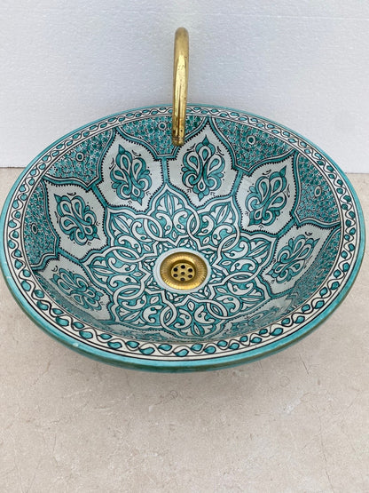 Handcrafted Moroccan Fez Ceramic Sink – Traditional Green Floral Design