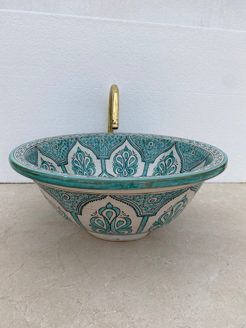 Handcrafted Moroccan Fez Ceramic Sink – Traditional Green Floral Design