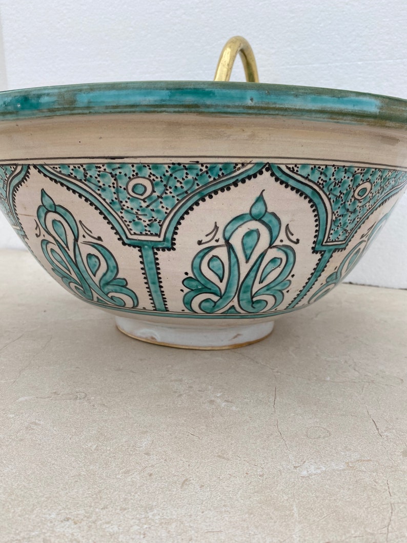 Handcrafted Moroccan Fez Ceramic Sink – Traditional Green Floral Design