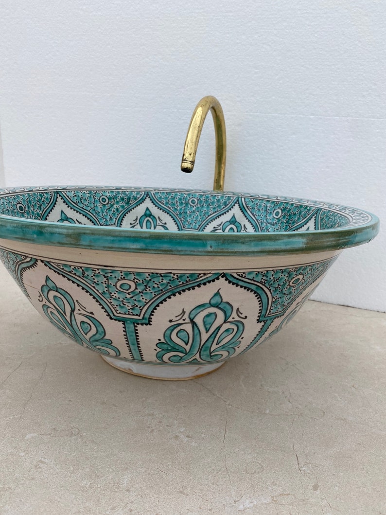 Handcrafted Moroccan Fez Ceramic Sink – Traditional Green Floral Design