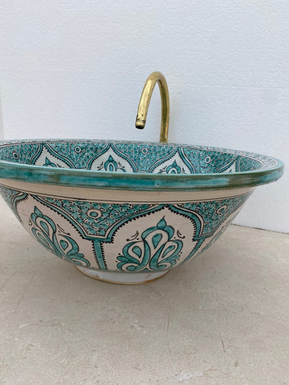 Handcrafted Moroccan Fez Ceramic Sink – Traditional Green Floral Design