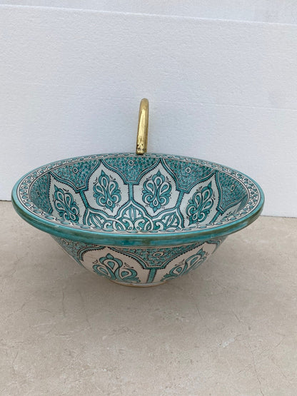Handcrafted Moroccan Fez Ceramic Sink – Traditional Green Floral Design