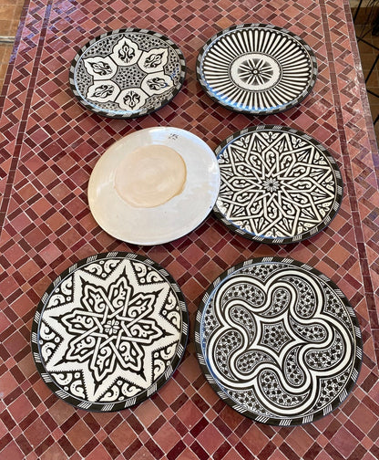 6 dinner plates Black and white dinner set ,handmade and hand painted  .