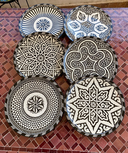 6 dinner plates Black and white dinner set ,handmade and hand painted  .