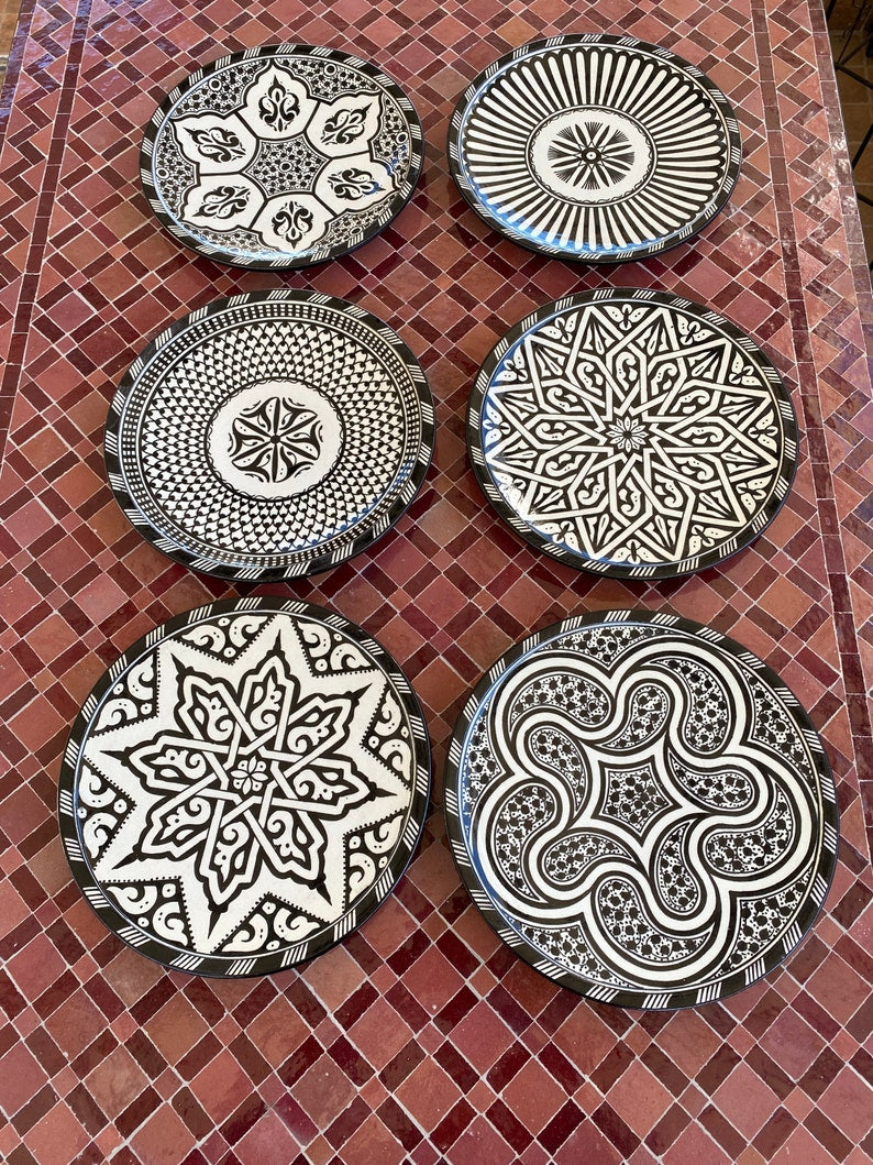 6 dinner plates Black and white dinner set ,handmade and hand painted  .