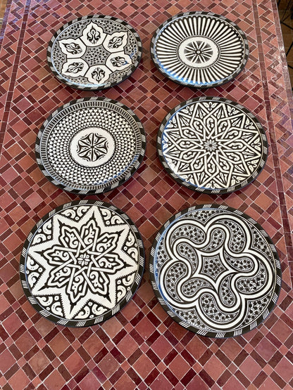 6 dinner plates Black and white dinner set ,handmade and hand painted  .