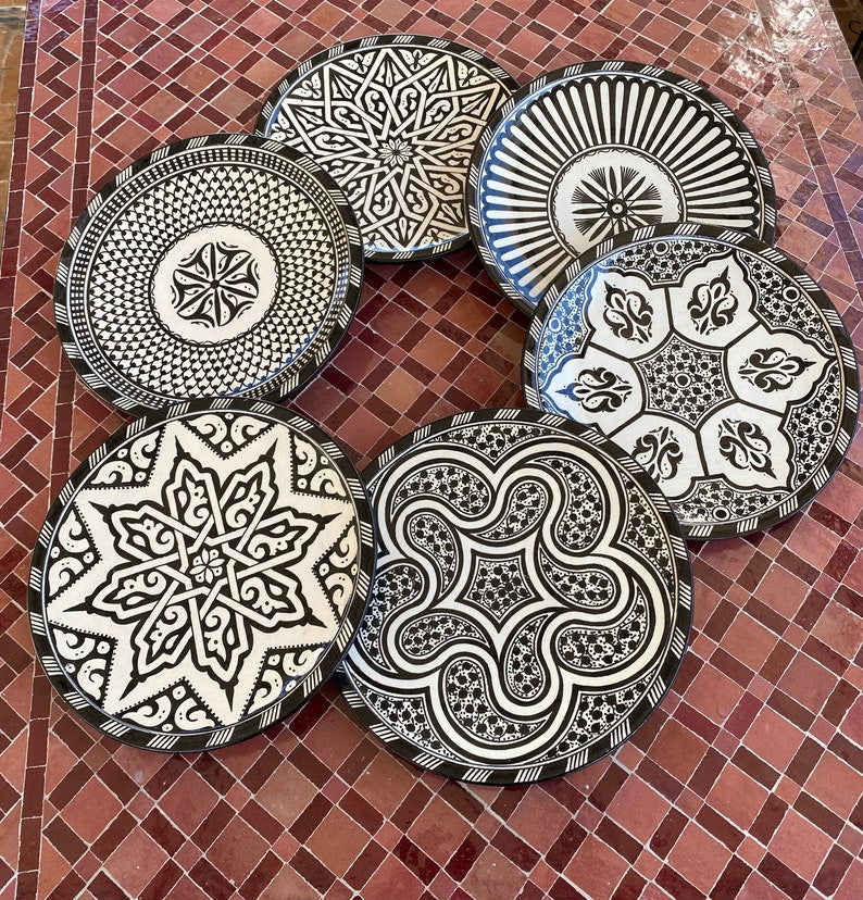 6 dinner plates Black and white dinner set ,handmade and hand painted  .